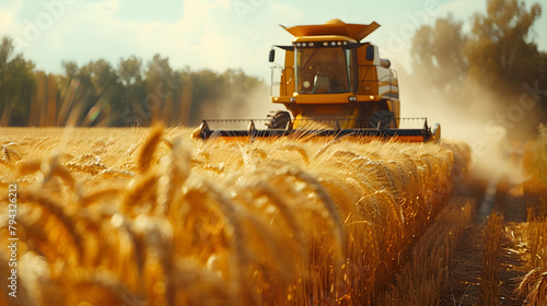 A combine harvester harvesting ripe wheat in a rural field.