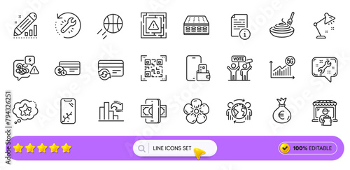 Stress, Qr code and Decreasing graph line icons for web app. Pack of Natural linen, Manual, Pasta dish pictogram icons. Table lamp, Spanner, Ranking stars signs. Change card, Mattress. Vector