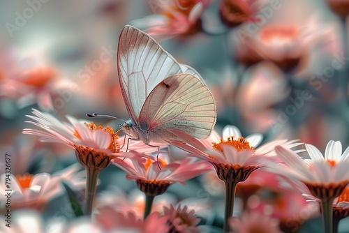 Rice Paper Butterfly (Idea leucone) Sipping Nectar from Pink Daisies in Westford, Massachusetts photo