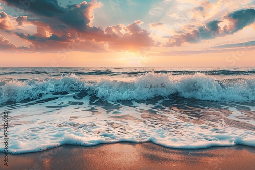 A vibrant sunset over the ocean with waves crashing on the sandy beach.