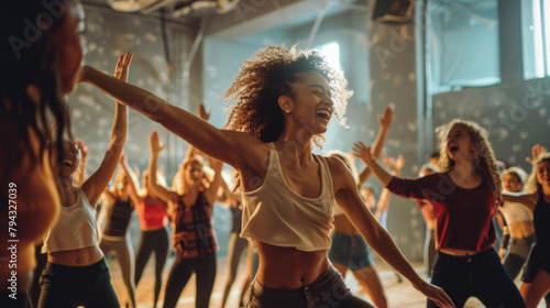 A group of people are dancing and smiling in a room