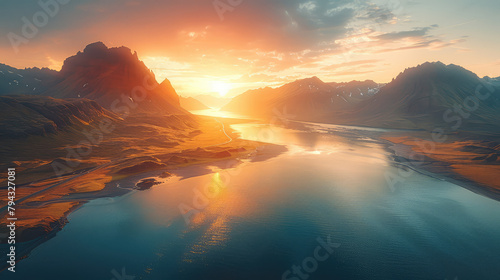 A stunning mountain range with sharp peaks and a serene lake at its base, bathed in the golden light of sunset. Created with Ai