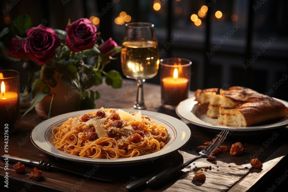 Romantic dinner in candlelight in Italian restaurant., generative IA