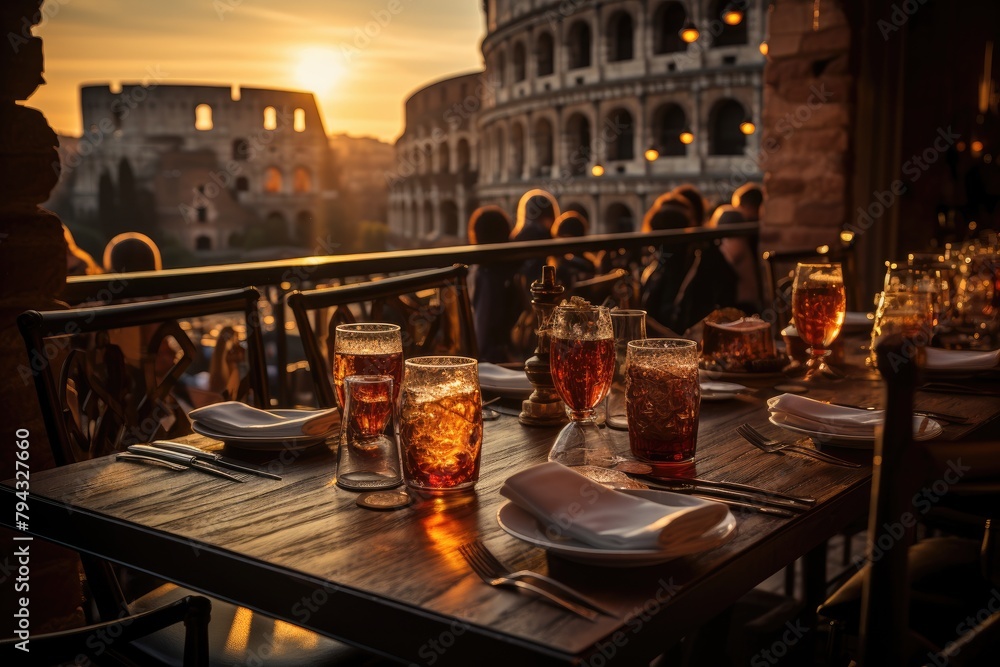 Restaurant in the sunset, overlooking the Colosseum of Rome., generative IA Restaurant in the sunset, overlooking the Colosseum of Rome., generative IA