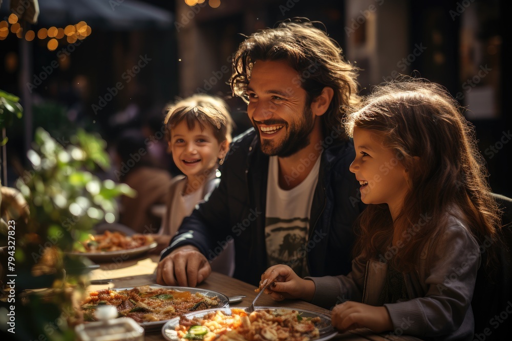 Family delighting with Italian outdoor food., generative IA Family delighting with Italian outdoor food., generative IA