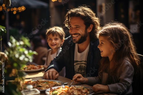 Family delighting with Italian outdoor food.  generative IA