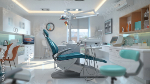 A dentist's office with a blue chair and a white chair