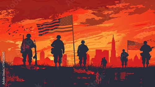 Silhouettes of soldiers with American flags against a sunset cityscape. Digital artwork of military and patriotism