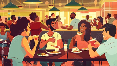 Group of people having lunch in a canteen. Vibrant digital illustration of community dining
