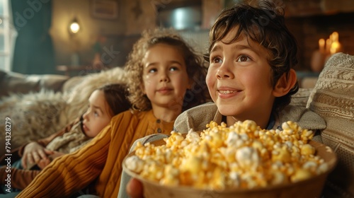 Excited Children Watching Movie with Popcorn at Home. Generative ai