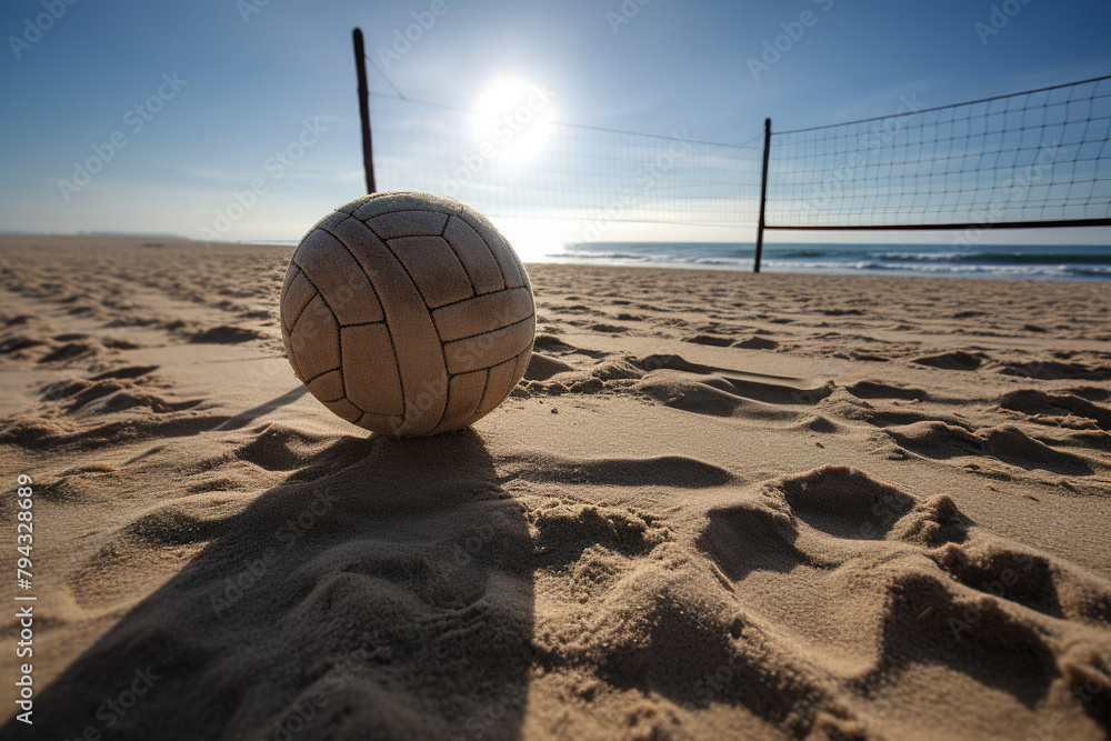 Old white volleyball ball on a beach near a net under setting sun