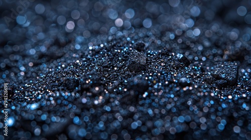  A tight shot of a mound of black and blue stones topped with tiny water bubbles