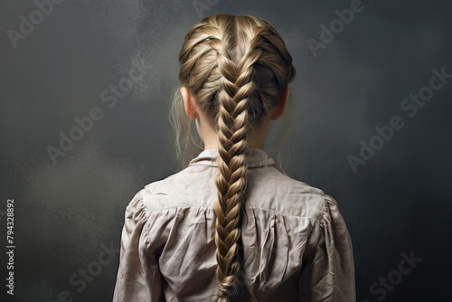 Young girl with braided hair. Braid model back photo.