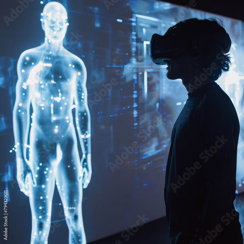 A man stands in front of a projection of a human body