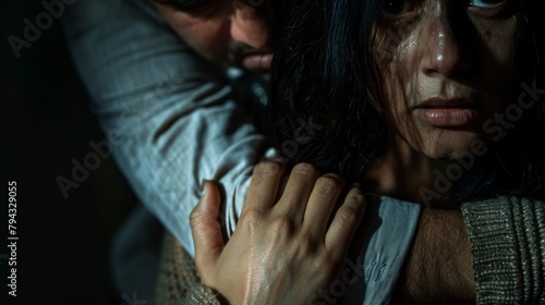 Domestic violence, a man hugging a woman, and a darker color, fear and tears on the woman's face. photo