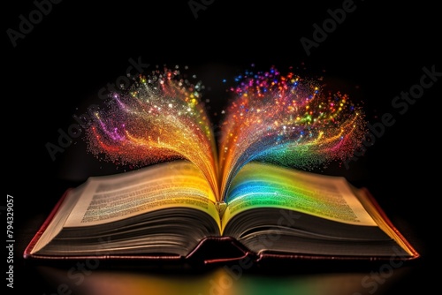 An open book with glowing multi colored lights and magic particles running off the pages.