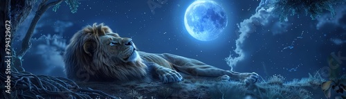 Beneath the moonlight, a oncemajestic lion roamed, its mane tattered, through the lens of a distant wide shot photo
