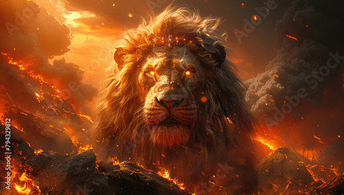 A majestic lion with fiery eyes, standing atop an erupting volcano in the background. Created with Ai