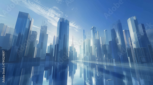 A blue cityscape with tall buildings and a clear blue sky