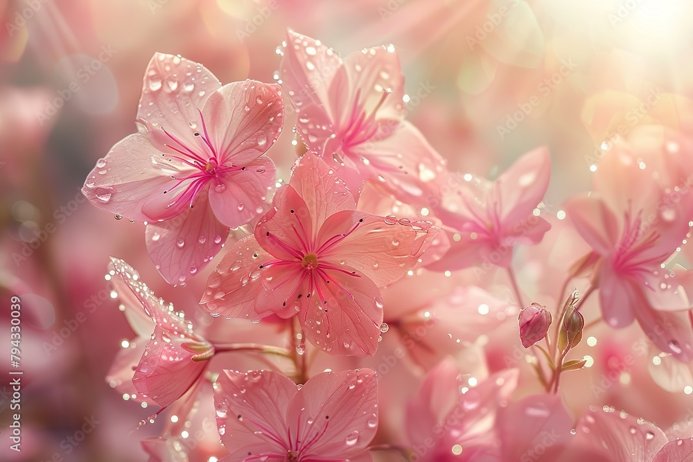 Beautiful delicate pink flowers covered with water drops and blooming on a blurred illuminated bokeh background Beautiful delicate pink flowers covered with water drops and blooming on a blurred illuminated bokeh background