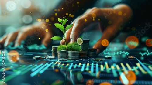 a image featuring a hand grasping stacks of coins, multiplying exponentially, complemented by a growth chart showcasing exponential growth, adorned with a vibrant seedling representing prosperity photo