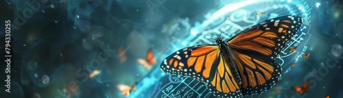 Elegantly navigating the treacherous currents of the timestream, the monarch butterfly, her wings emblazoned with ancient Egyptian hieroglyphs, unfolded a holographic map to chart her course
