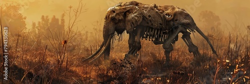 From a panoramic angle  a zombified elephant trudged along  its skin hanging loosely over brittle bones