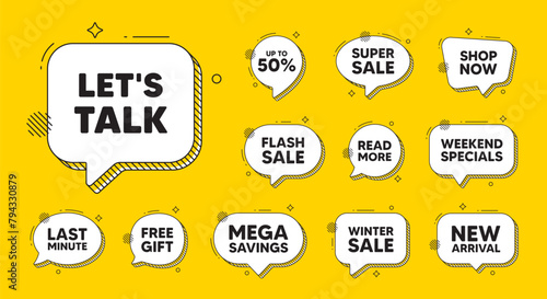 Offer speech bubble icons. Lets talk tag. Connect offer sign. Conversation symbol. Lets talk chat offer. Speech bubble discount banner. Text box balloon. Vector