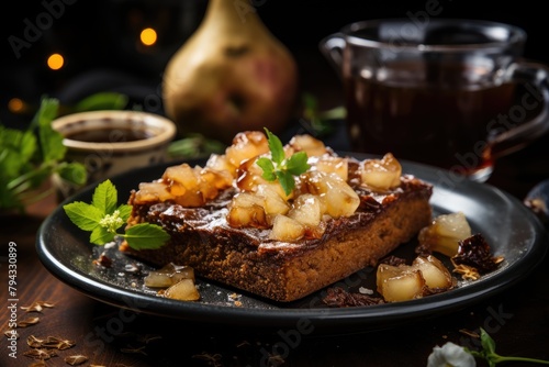 Pear brownie with caramelized pieces., generative IA