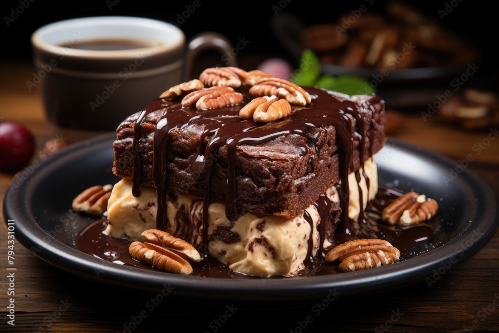 Hazelnut brownie with nutella and coffee., generative IA Hazelnut brownie with nutella and coffee., generative IA