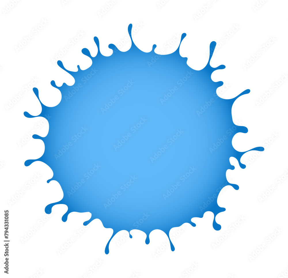 Round Blue splash of pure water with splashes and drops. Place for text inside ring, isolated on blue background. Vector illustration. Round Blue splash of pure water with splashes and drops. Place for text inside ring, isolated on blue background. Vector illustration.