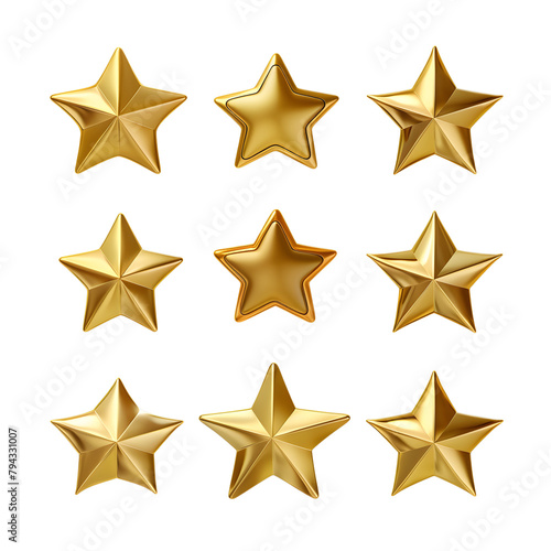 3d chrome y2k metal golden stars. Chrome stars Y2K 3d set isolated on transparent background. Liquid metal golden in the form of stars.