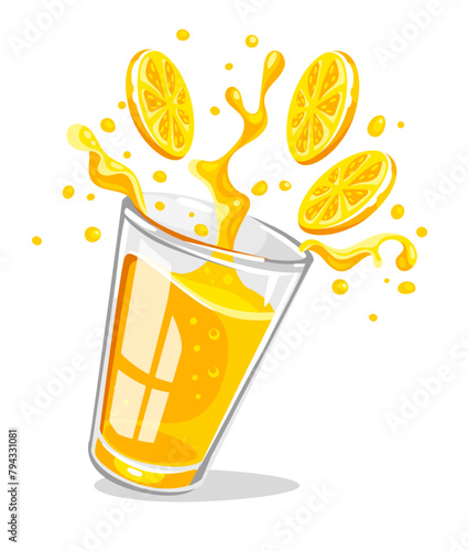 Glass with fresh citrus fruity orange juice splashes and liquid drops. Isolated on white background. Vector illustration.