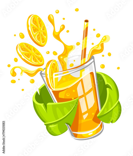 Glass with fresh citrus fruity orange juice splashes and liquid drops in a green leaf. Isolated on white background. Vector illustration.