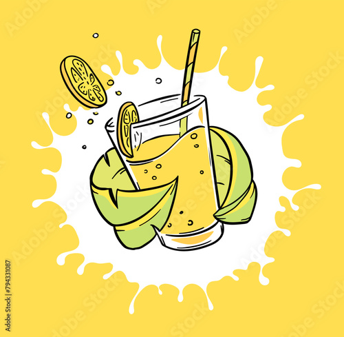 Glass with fresh citrus fruity orange juice splashes and liquid drops in a green leaf. Draft hand-drawn sketch. Isolated on white background. Vector illustration.