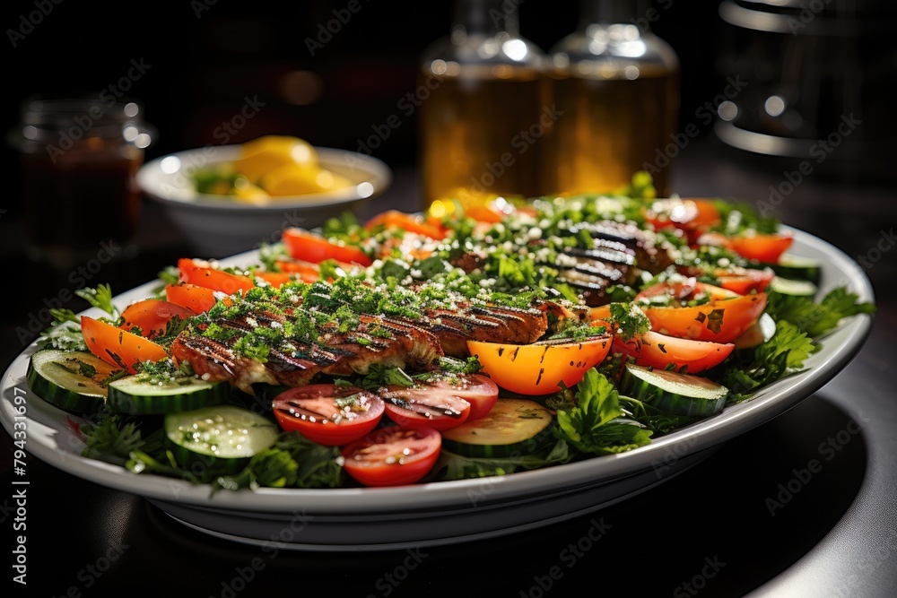 Fresh salad with vinaigrette on vibrant vegetables., generative IA