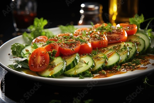 Fresh salad with vinaigrette on vibrant vegetables., generative IA photo