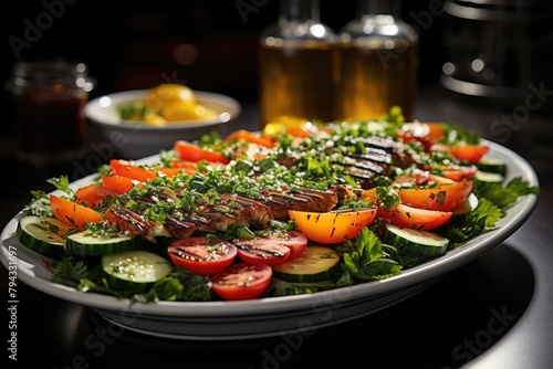 Fresh salad with vinaigrette on vibrant vegetables., generative IA photo