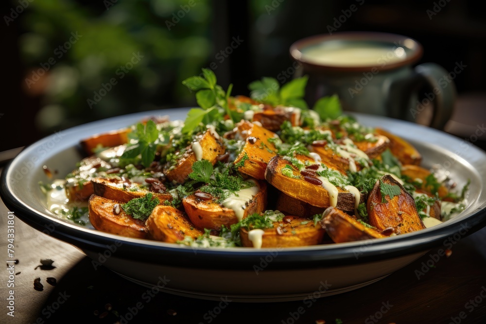 Fresh sweet potato salad with tahine sauce and spinach., generative IA