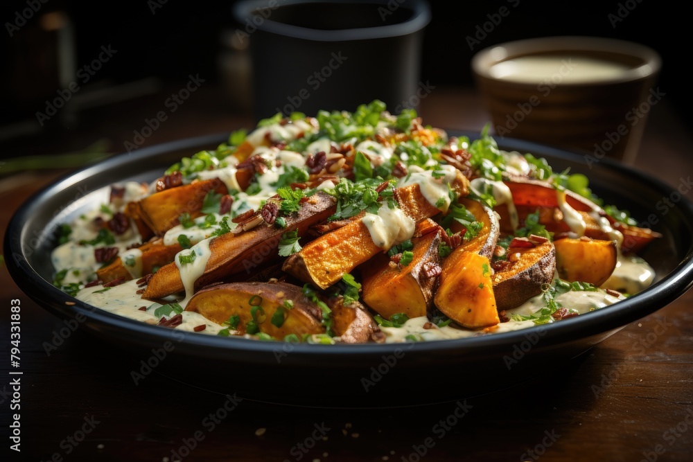 Fresh sweet potato salad with tahine sauce and spinach., generative IA