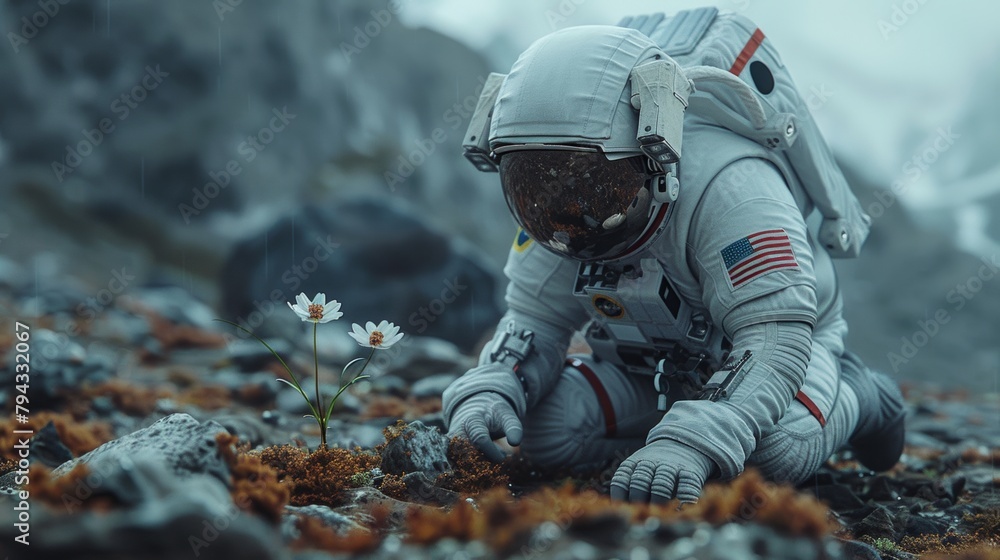 Astronaut encountering flowers on alien terrain Astronaut encountering flowers on alien terrain