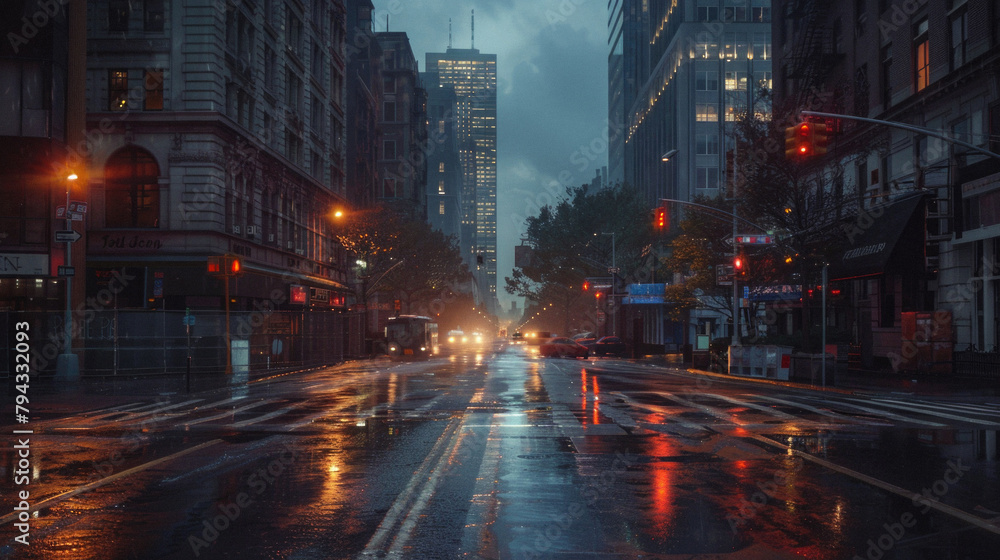 A rainy city street with cars and pedestrians