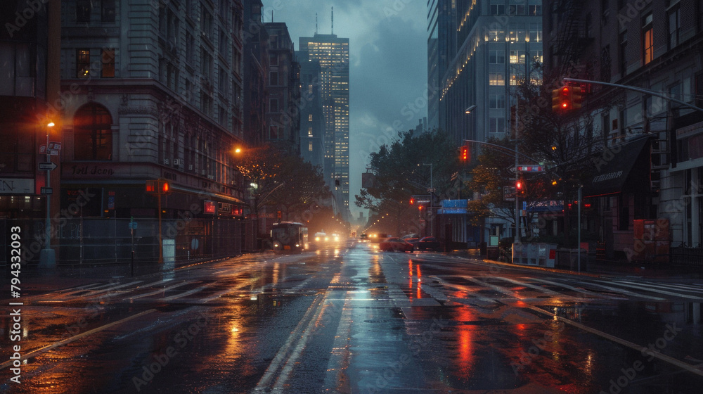 Naklejka premium A rainy city street with cars and pedestrians