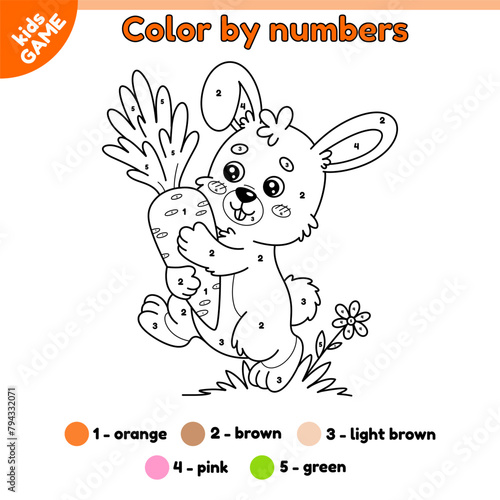 Kids game Color by numbers. Cartoon hare carrying big carrot. Happy rabbit brings carrot. Activity book for children. Vector baby illustration of the farm animal perfect for Easter coloring page.