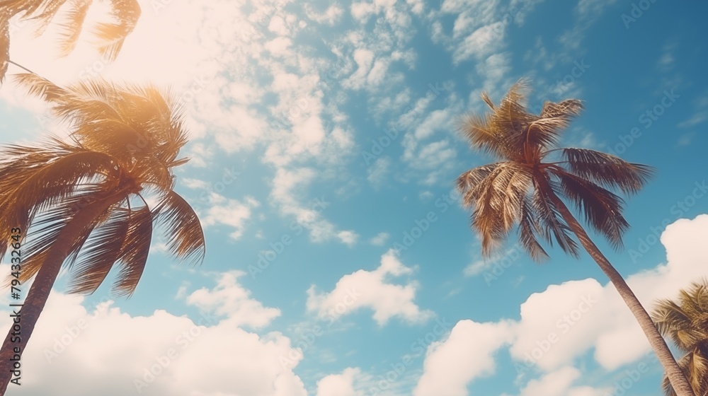 Blue sky and palm trees view from below, vintage style, tropical beach and summer background.