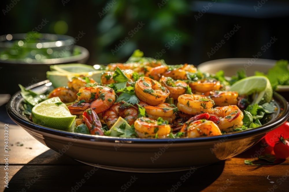Fresh salad with shrimp and avocado., generative IA