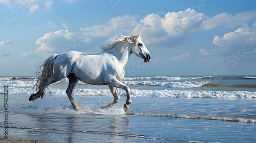 A white wild horse galloping on the beach