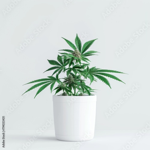 Cannabis plants in a white pot on a white background with copy space, in a flat lay. A banner template for product presentation or advertising design concept of natural organic food, banner, mockup, s photo