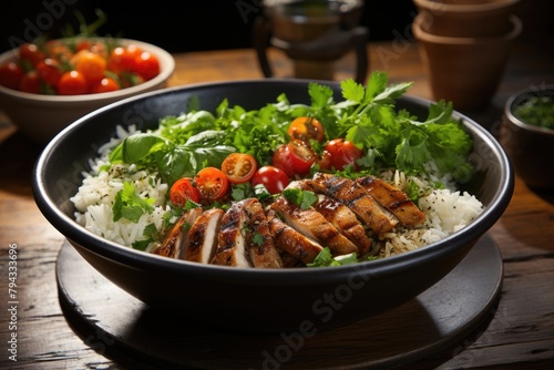 Colorful bowl salad, brown rice and grilled chicken., generative IA