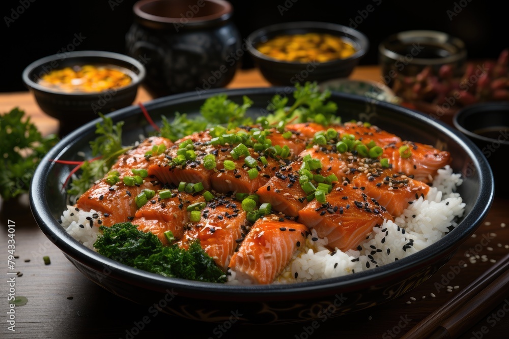 Misoshiru bowl and gently arranged sushi., generative IA Misoshiru bowl and gently arranged sushi., generative IA